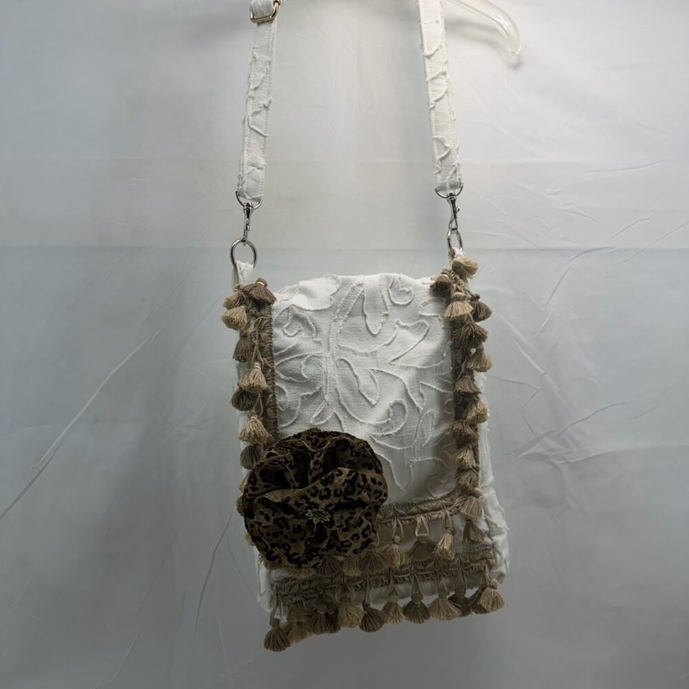 Handmade Elegant White and Tan Tassel sling Bag